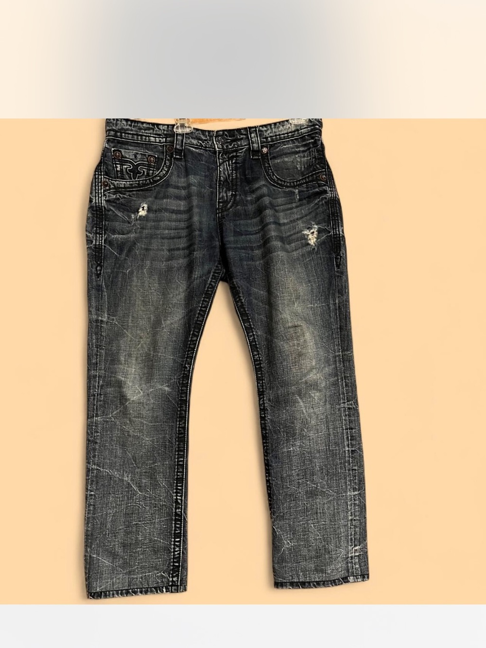 Rock Revival Y2K Men’s Dark Wash Dain Rock Straight Jeans 36 Distressed 5-Pocket